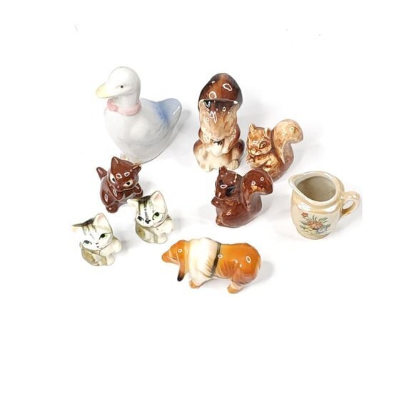 Vintage Lot of 9 Miniature Small Kittens Cats Squirrels Duck‎ Vase Ceramic Bone - Picture 1 of 6